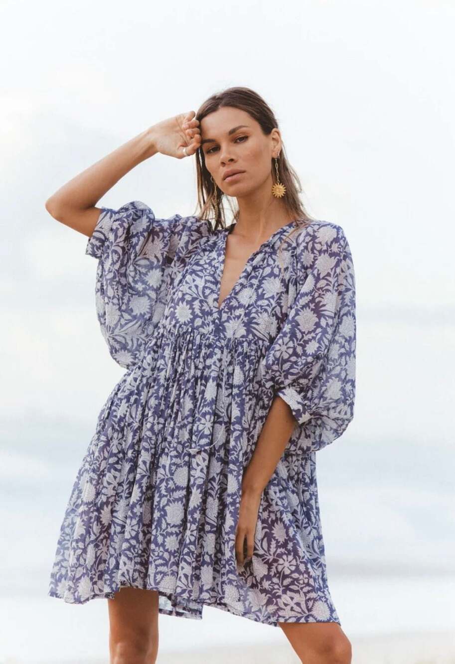 Daughters of India Kyra Mini Dress in Blue Iris Boho Organic Hand-Dyed Coastal